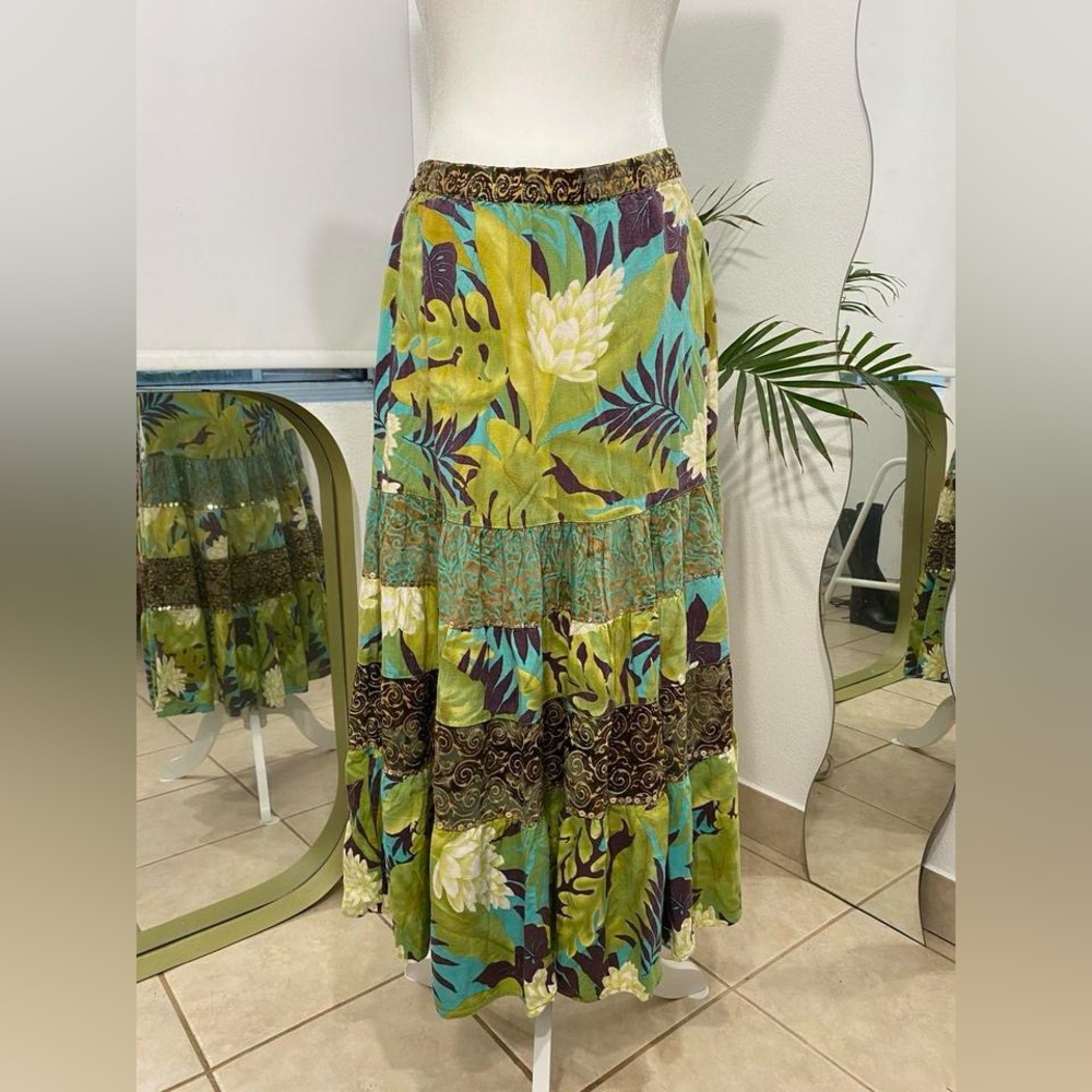 Yellow and Green Tiered Maxi Skirt Resort Wear